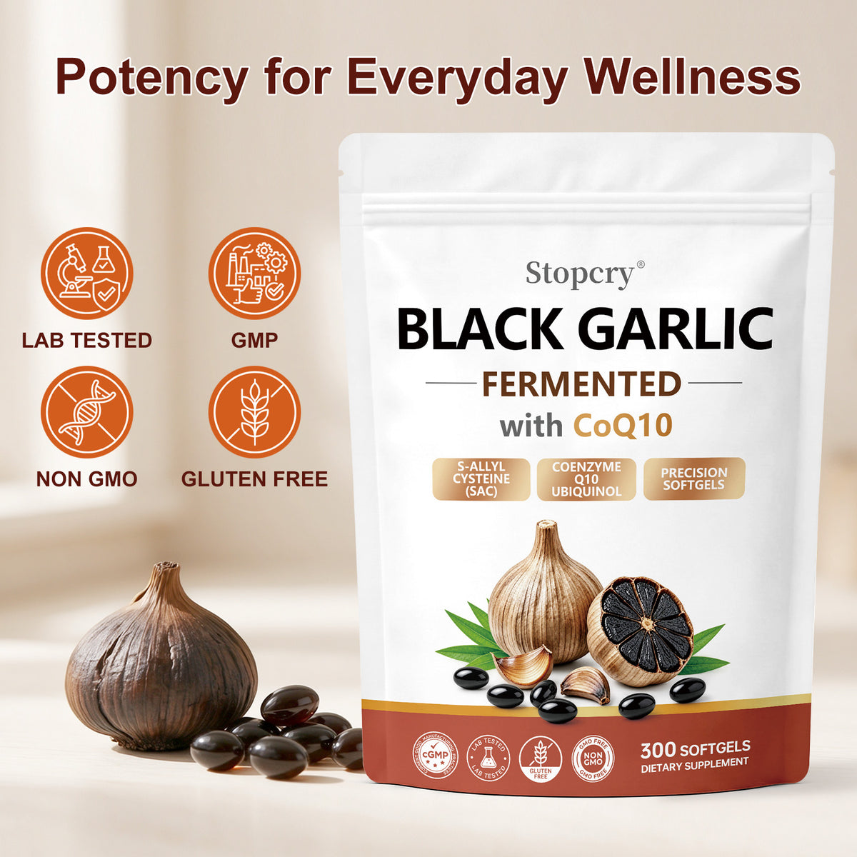 Fermented Black Garlic Softgels with CoQ10 & Vitamin K2 – 300 Softgels | Stopcry