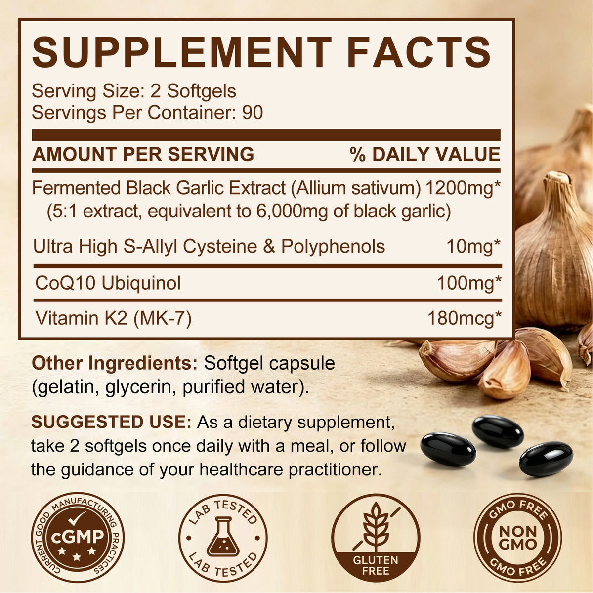 Fermented Black Garlic Softgels with CoQ10 & Vitamin K2 – 180 Softgels | Stopcry