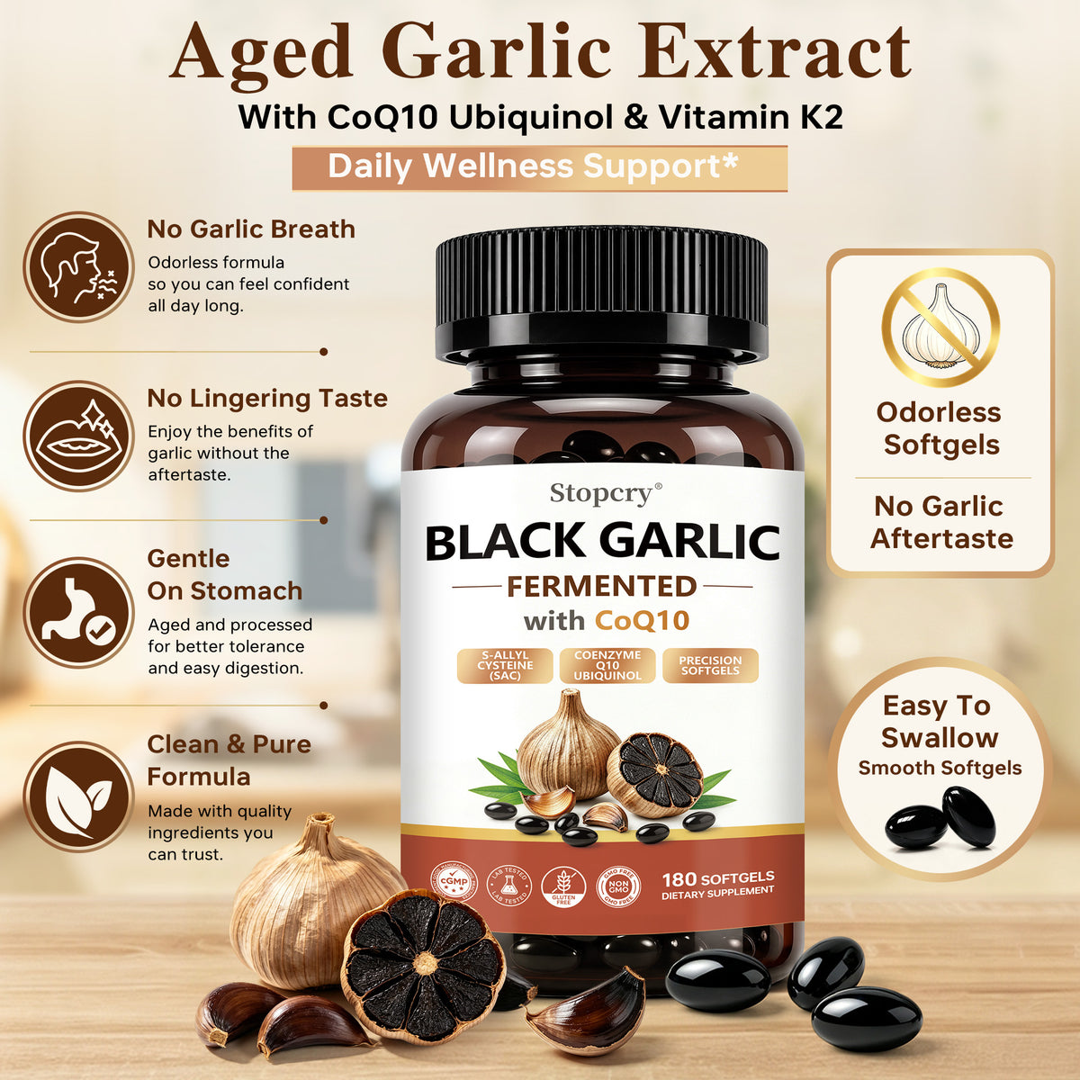 Fermented Black Garlic Softgels with CoQ10 & Vitamin K2 – 180 Softgels | Stopcry