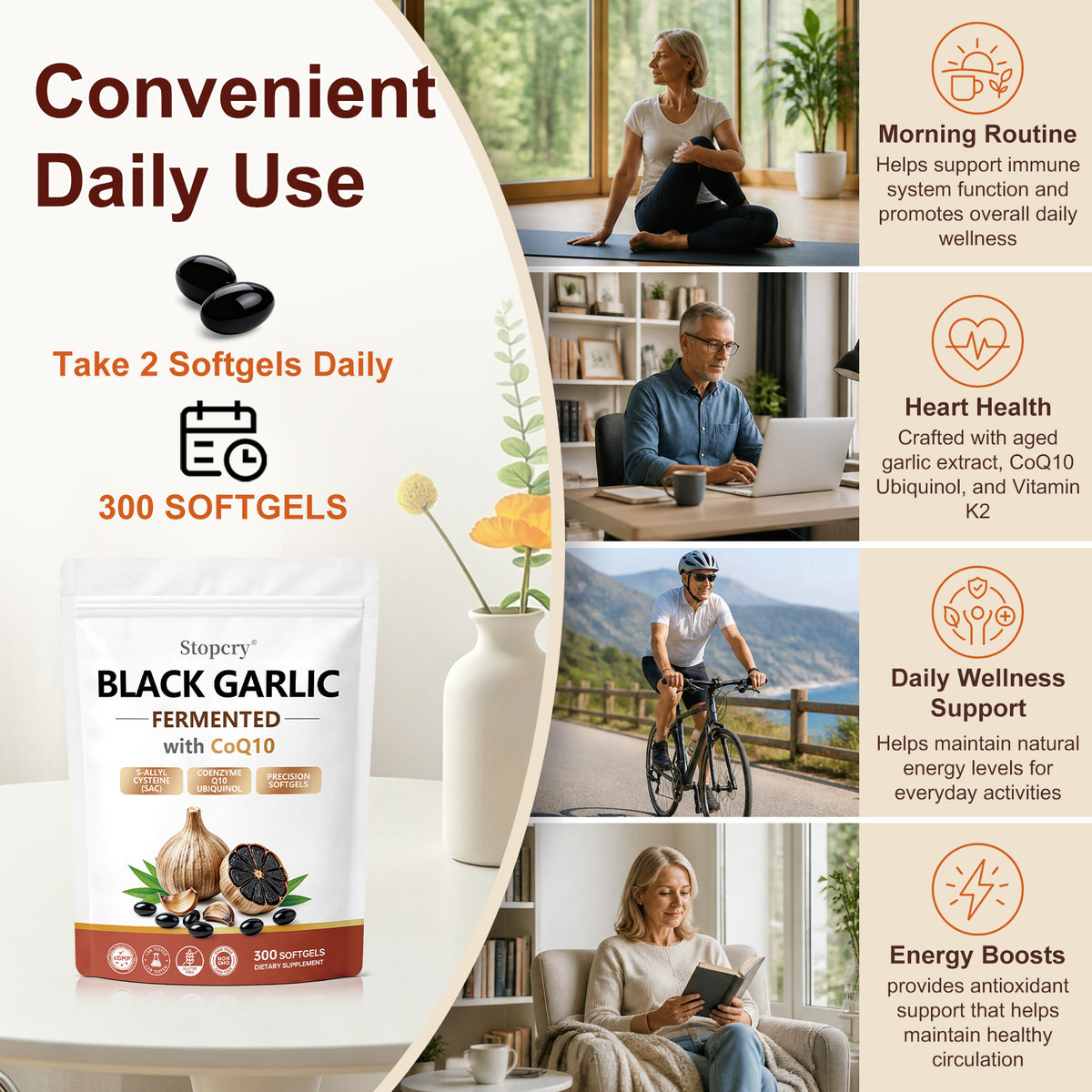 Fermented Black Garlic Softgels with CoQ10 & Vitamin K2 – 300 Softgels | Stopcry