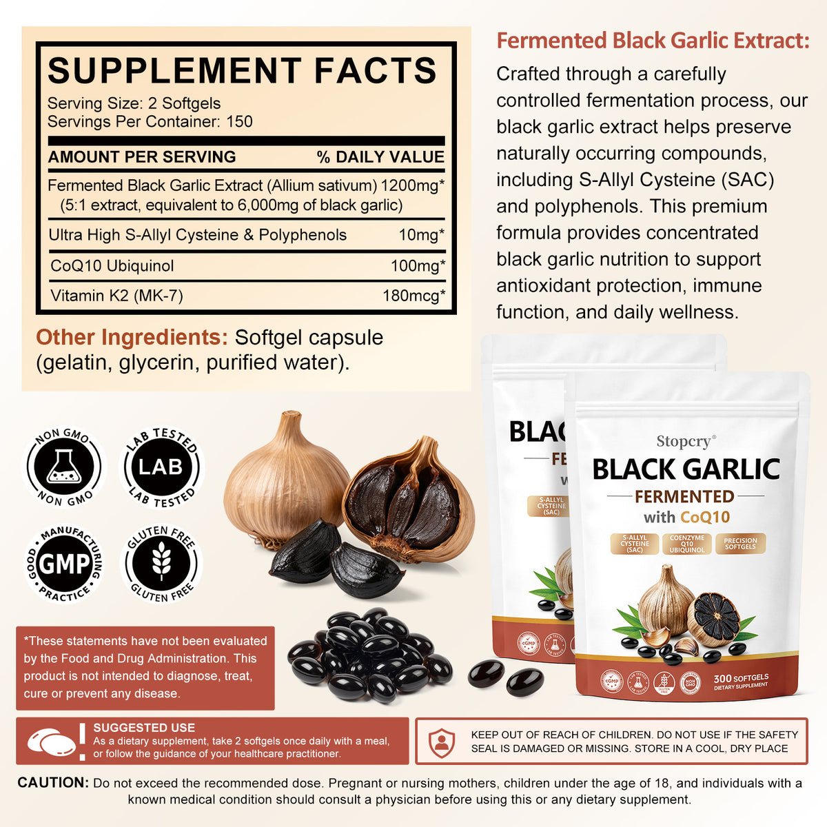 Fermented Black Garlic Softgels with CoQ10 & Vitamin K2 – 300 Softgels | Stopcry
