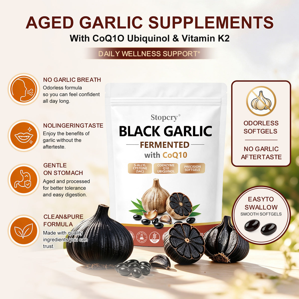 Fermented Black Garlic Softgels with CoQ10 & Vitamin K2 – 300 Softgels | Stopcry
