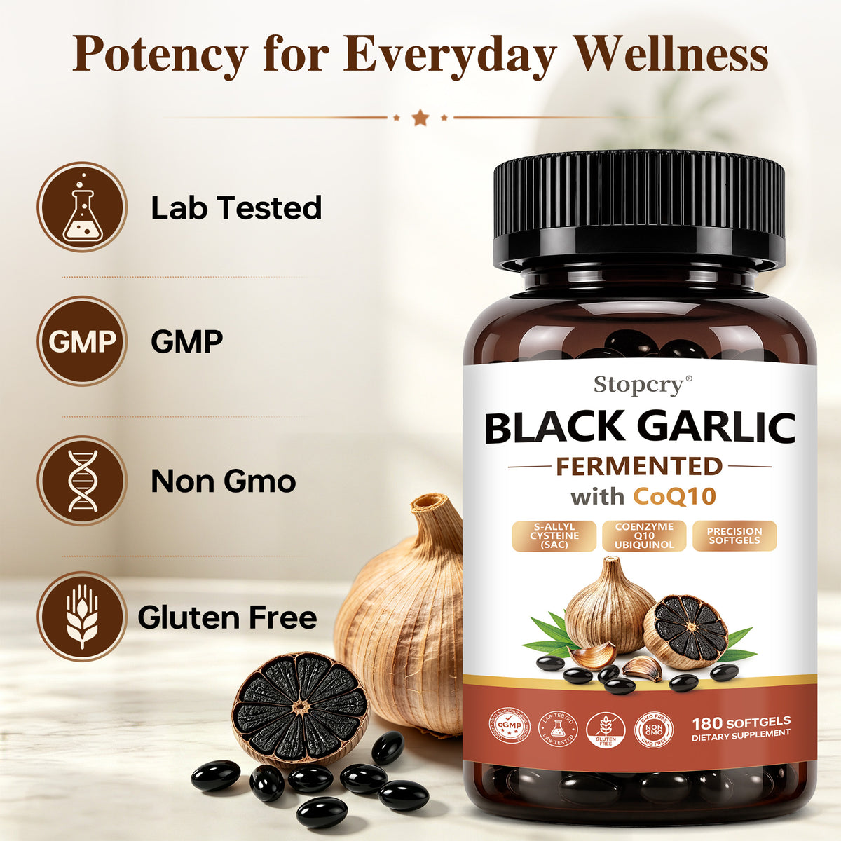 Fermented Black Garlic Softgels with CoQ10 & Vitamin K2 – 180 Softgels | Stopcry